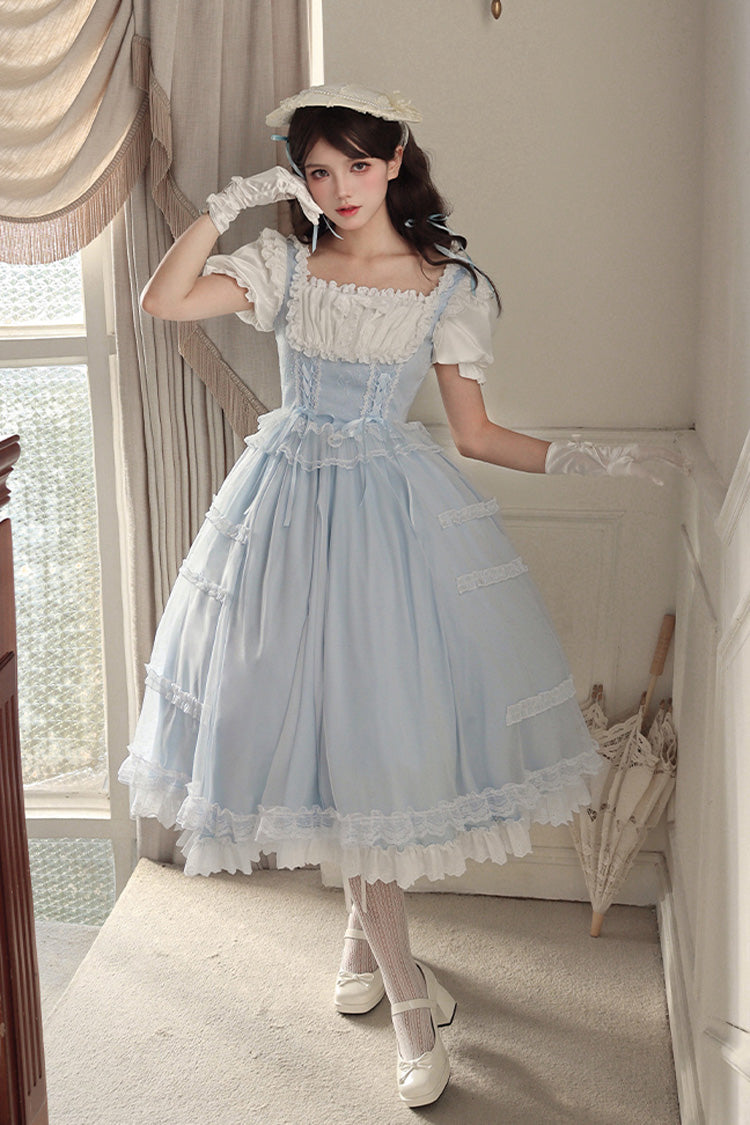 Hellblaues Lolita-Kleid-Set mit eckigem Kragen, kurzen Ärmeln und Rüschen