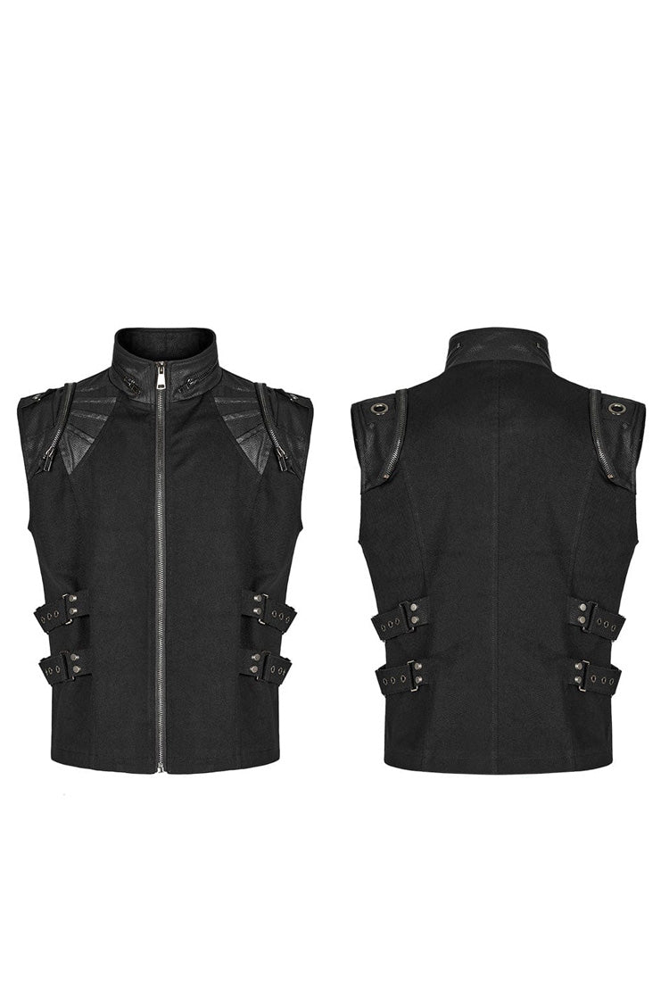 Black Stand Collar Side Waist Webbing Decorative Stitching Mens Steampunk Vest