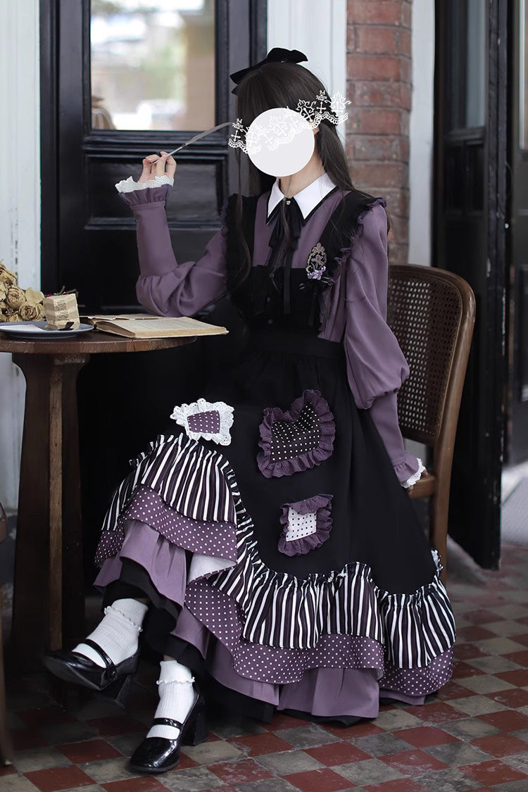 Schwarzes [Witch Academy] Doppellagiges, süßes Lolita-Pulloverkleid mit Streifenmuster, Rüschen und Schleife