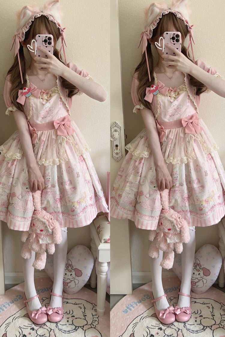 Süßes Lolita-Kleid mit Kaninchen-Bär-Druck, Rüschen und Schleife, 3 Farben