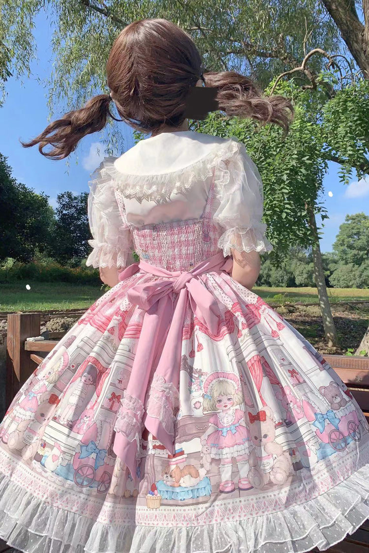 Pink Plush Bear and Doll Print Ruffle Bowknot Lace Sweet Lolita Jsk Dress