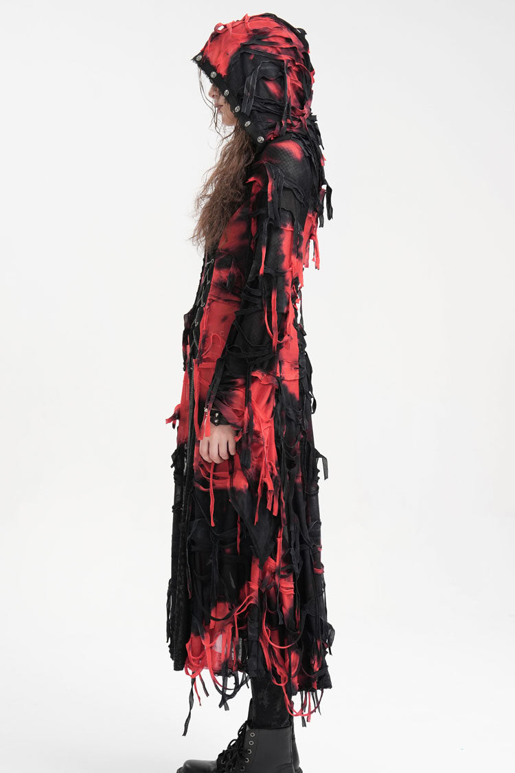 Black/Red Long Sleeves Lace Ripped Zipper Women's Punk Coat