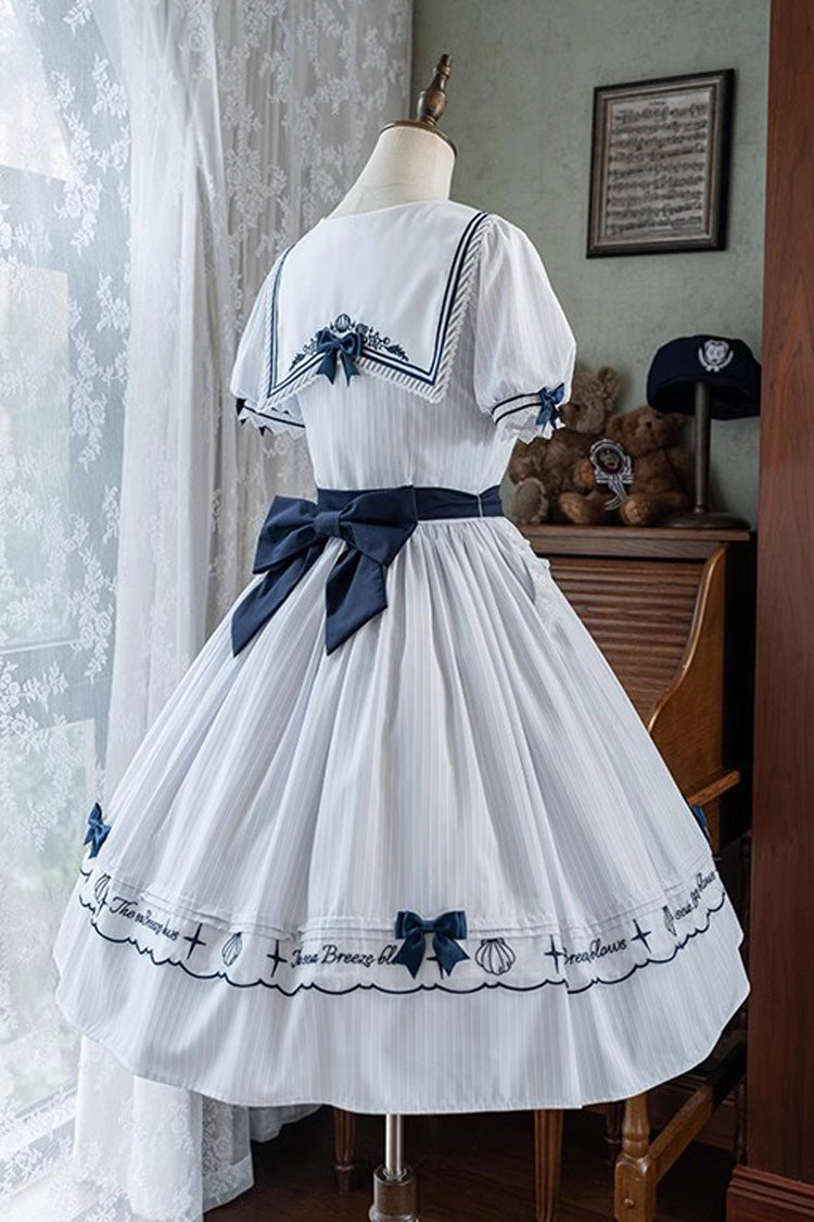 White Navy Stripe Print Short Sleeves Ruffle Embroidery Sweet Lolita Dress