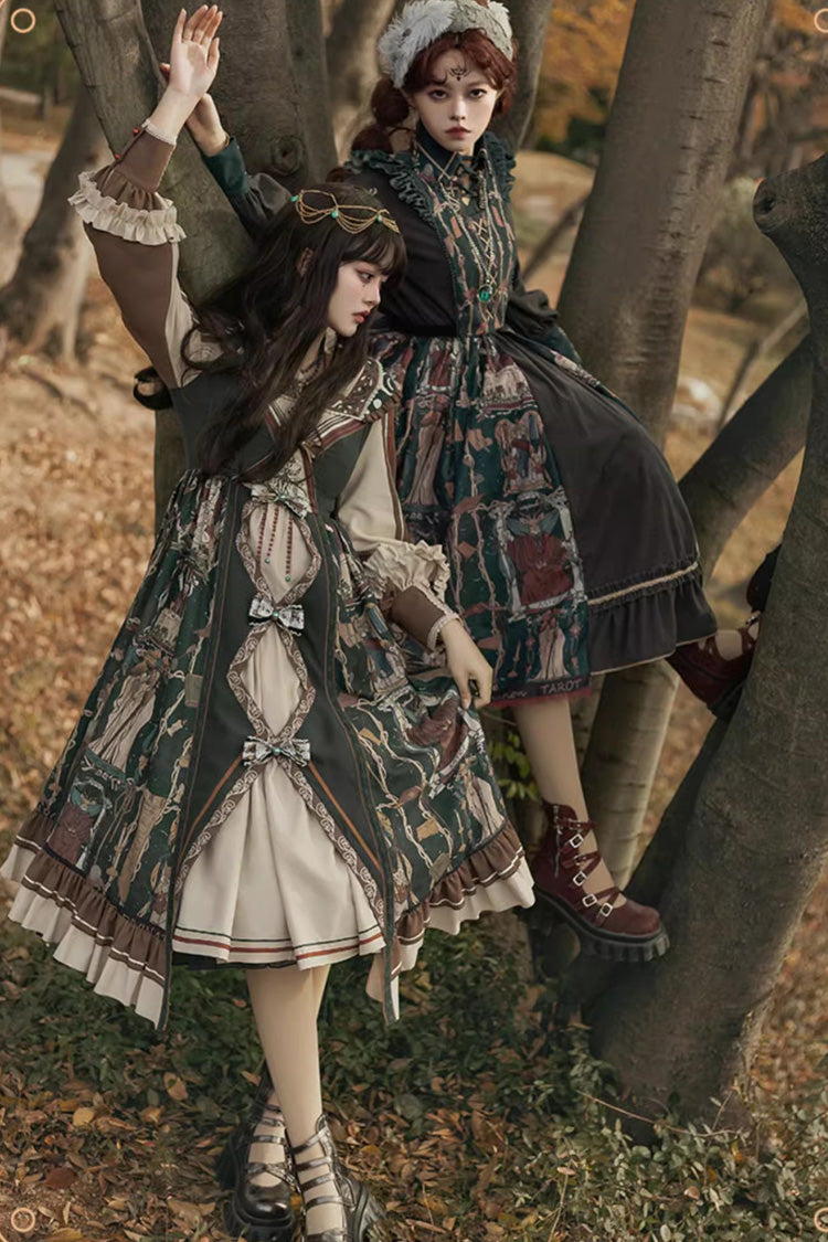 Dark Green [Tarot] Print Long Puff Sleeves Ruffle Bowknot Ripped Sweet Elegant Lolita Dress