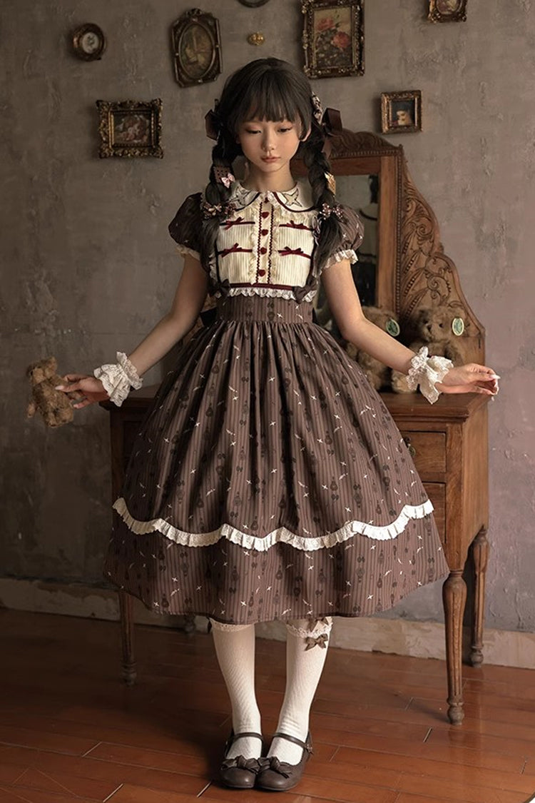 Braunes Moro Coco [Heißluftballon] Druck Rüschen Schleife Süßes Elegantes Prinzessin Lolita Kleid Lange Version