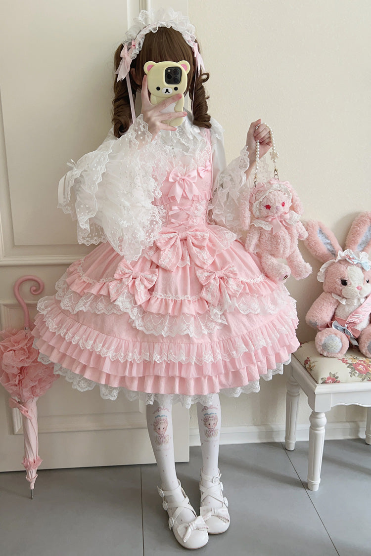 Pink Multi-Layered Ruffle Bowknot Stitching Lace Sweet Lolita Jsk Dress