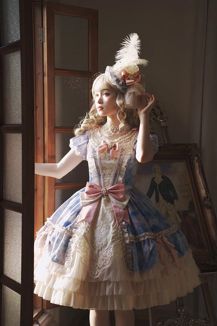 [Angel Heart Sky Oil Painting] Print Ruffle Cardigan Bowknot Sweet Princess Lolita Dress 3 Colors