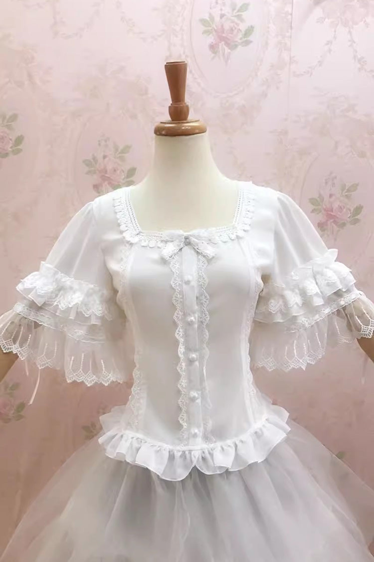 Süße Lolita-Bluse mit Spitze und quadratischem Kragen in Weiß und Hime-Ärmeln