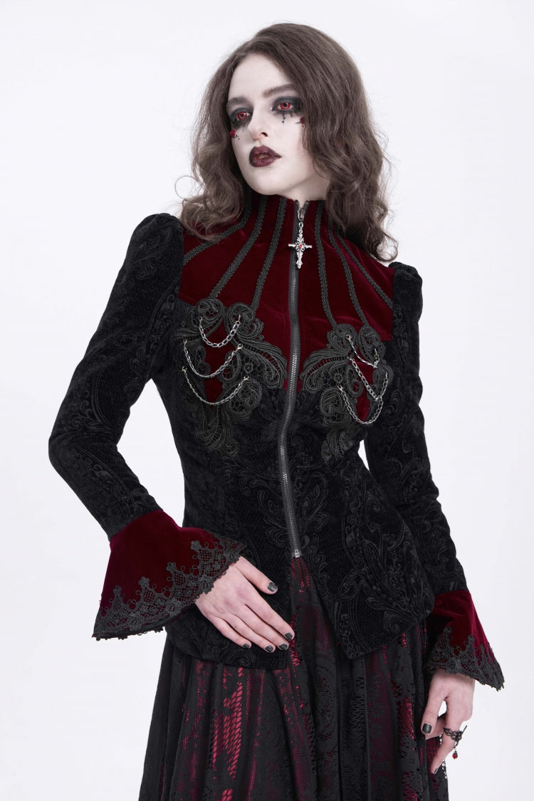 Black/Red Stand Collar Long Trumpet Sleeves Embroidery Women's Gothic Jacket