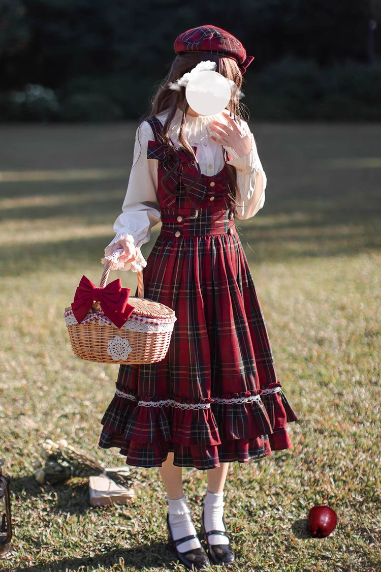 Red [Little Red Riding Hood] Double-Layered Plaid Print Ruffle Bowknot Sweet Vintage Lolita Jumper Dress