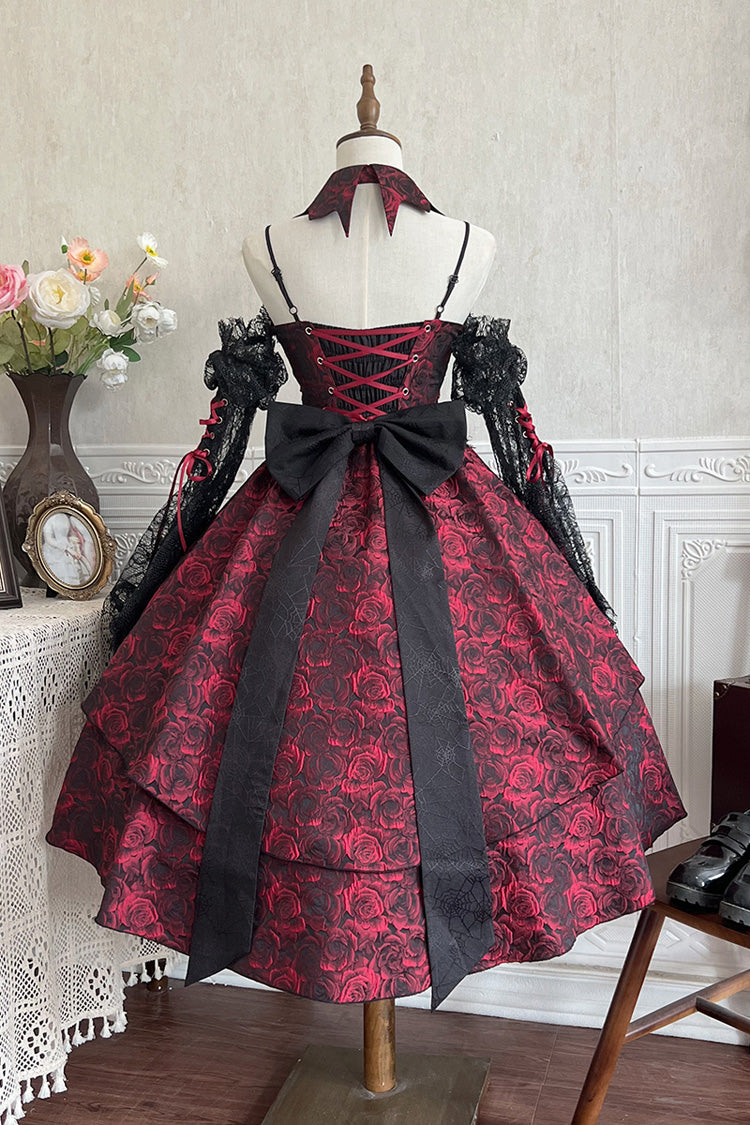 Black/Red [Weeping Rose] Jacquard Print Ruffle Cardigan Bowknot Lace-Up Gothic Lolita Dress