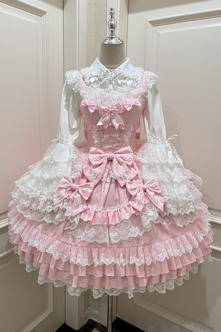 Rosa Lolita JSK Kleid mit mehrlagigem Rüschenmuster, Schleife und Spitze