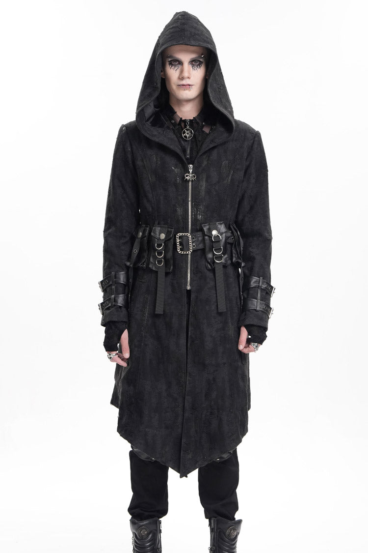 Black Buckle-up Eyelets Long Sleeves Hooded Men's Gothic Jacket