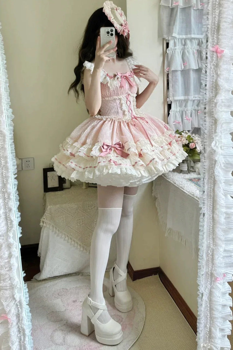 Pink Triple-Layered Bowknot Lace-Up Sweet Princess Ballet Lolita Jsk Dress