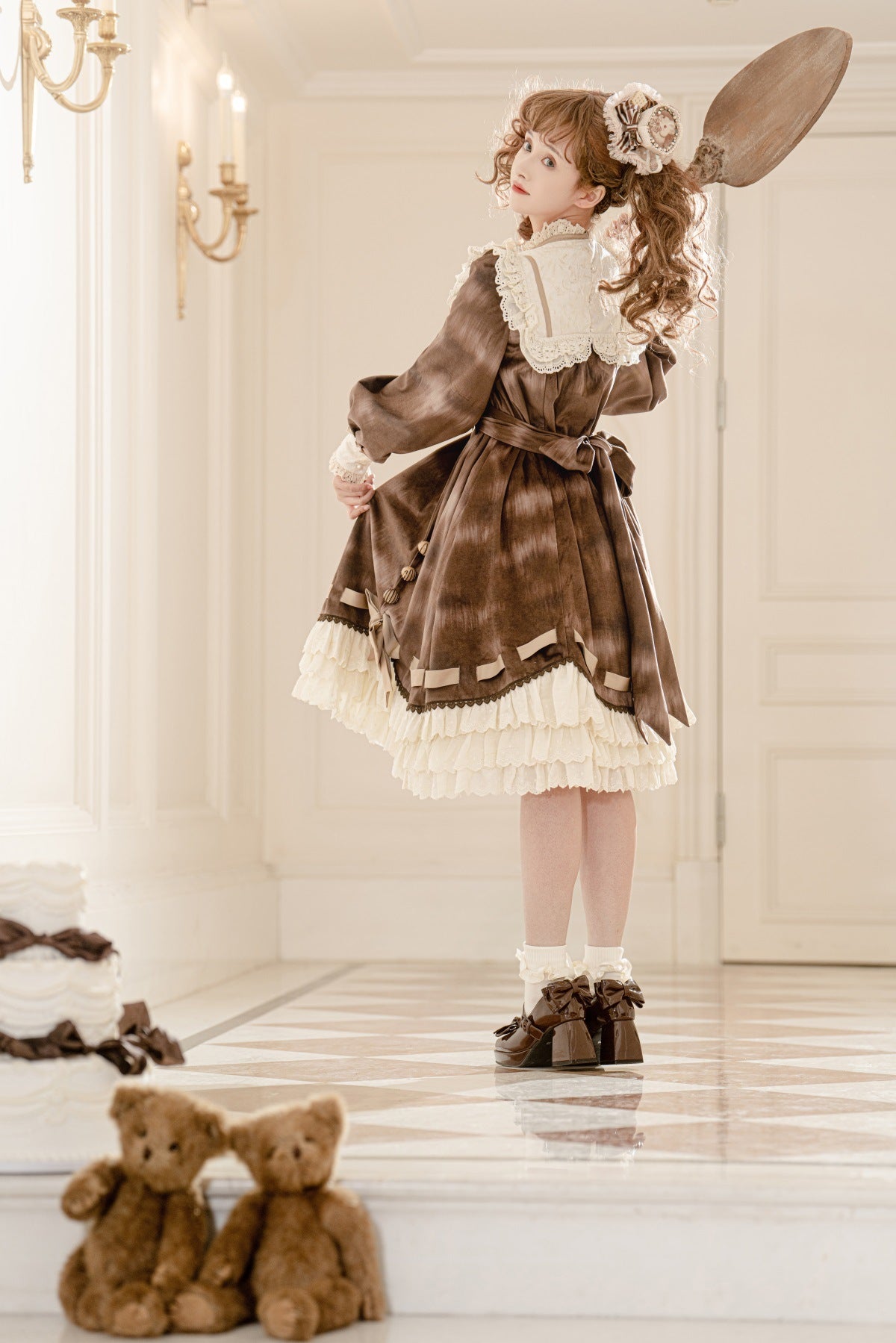 Brown [Chocolate Cat] Print Long Sleeves Ruffle Bowknot Sweet Lolita Dress