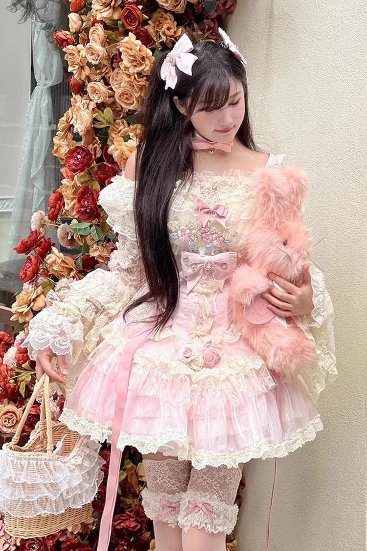 Pink Delicate Lace Flowers Love Song Bowknot Lace Sweet Lolita Dress