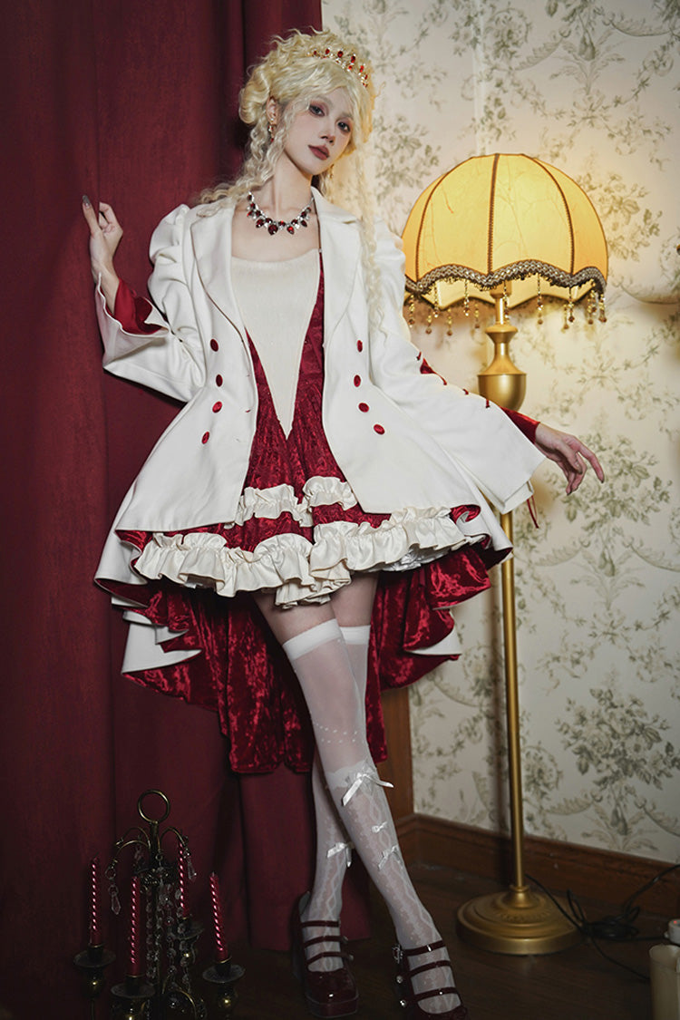 White Double-breasted Short Front and Long Back Irregular Gothic Lolita Coat