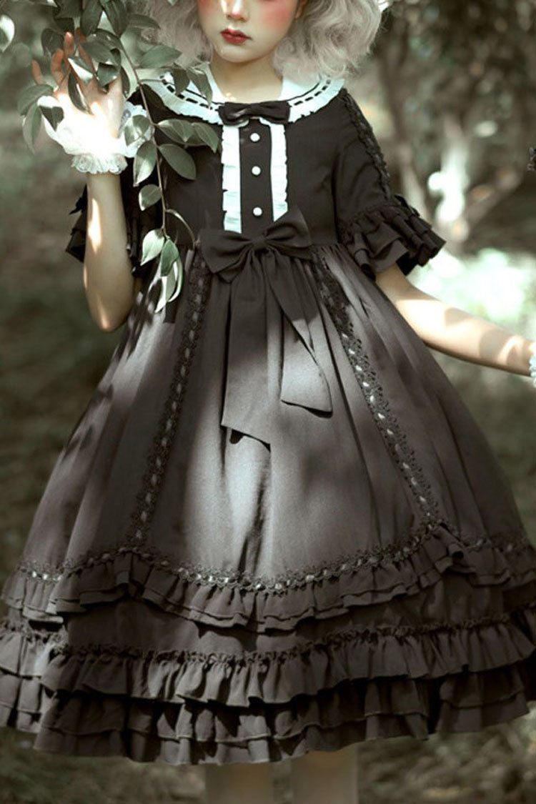 Schwarzes kurzärmliges, hoch tailliertes, mehrlagiges Gothic-Lolita-Op-Kleid mit Schleife und Rüschen