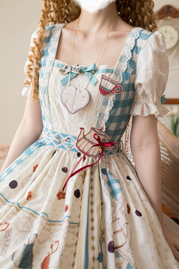 Blue/Green [Tea Party] Short Sleeves Print Ruffle Bowknot Lace Sweet Elegant Lolita Dress