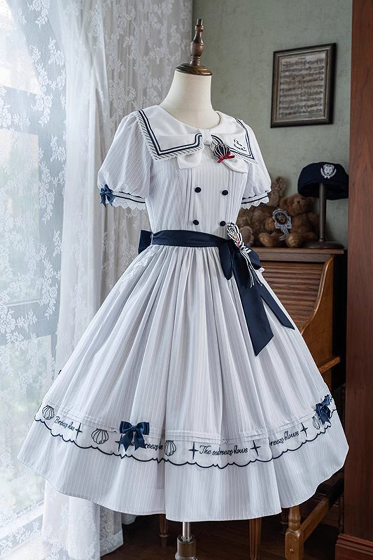 White Navy Stripe Print Short Sleeves Ruffle Embroidery Sweet Lolita Dress