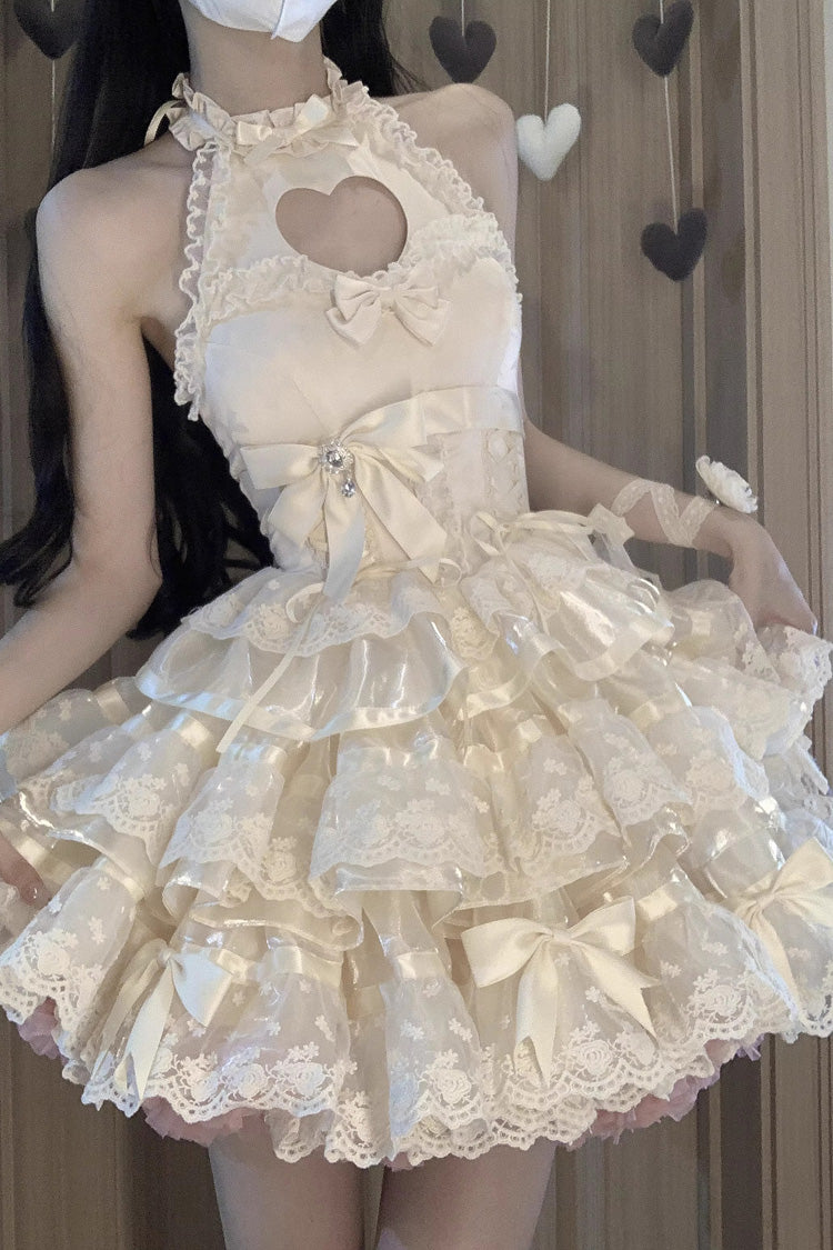 Apricot Heartbeat Multi-Layered Ruffle Heart Shape Hollow Bowknot Sweet Ballet Lolita Dress