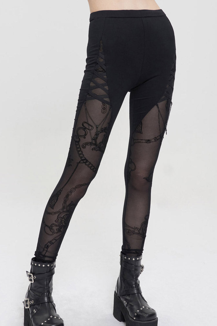 Black Detachable Knitted Fabric Splicing Printing Mesh Women's Punk Leggings