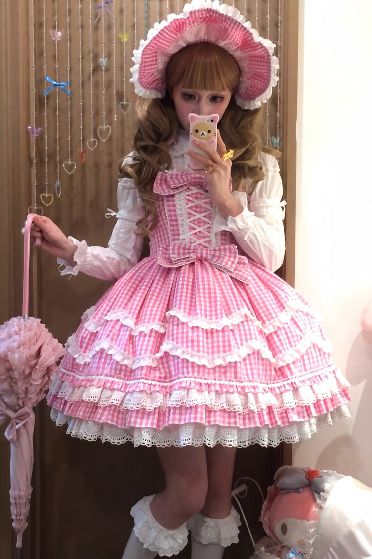 Pink Plaid Print Ruffle Bowknot Lace-Up Sweet Lolita Dress