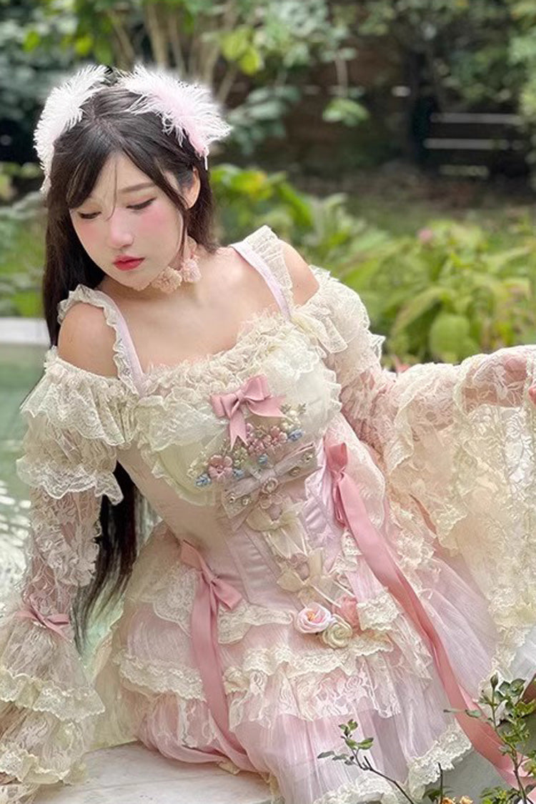 Pink Delicate Lace Flowers Love Song Bowknot Lace Sweet Lolita Dress