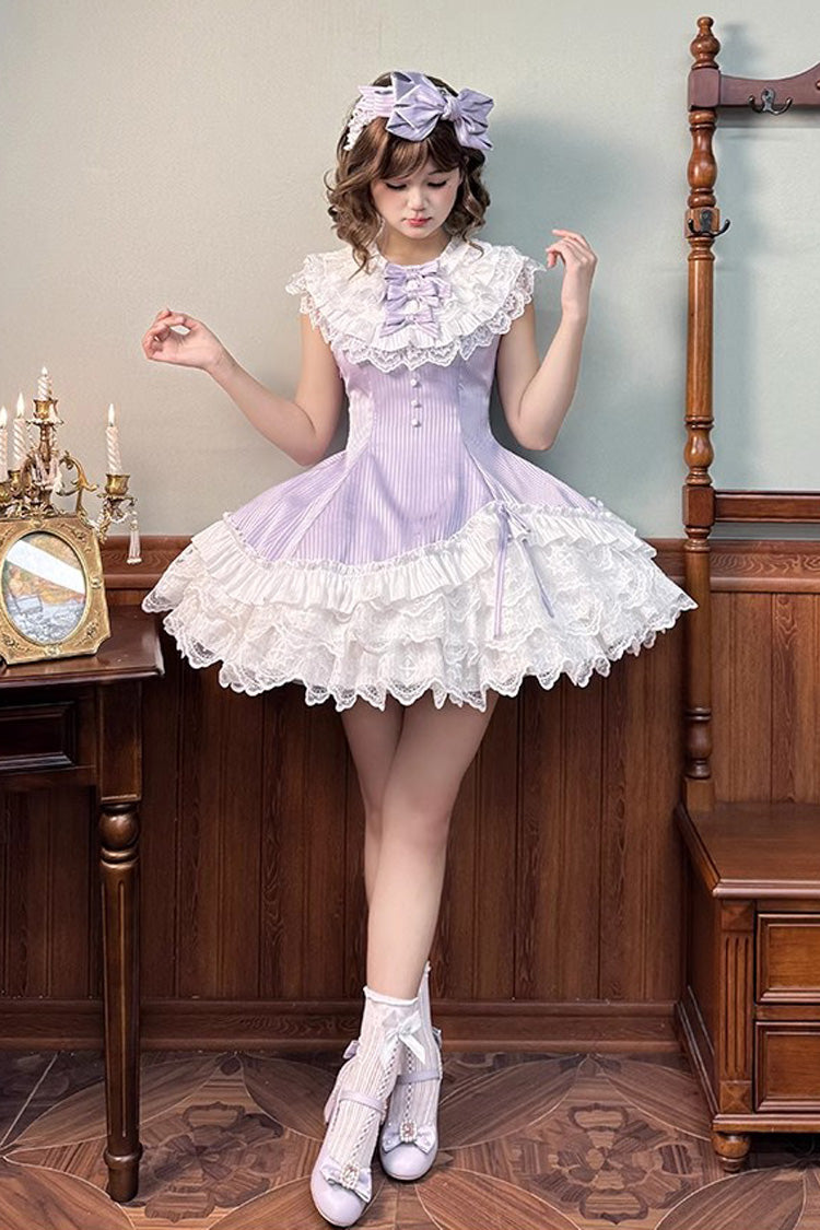 Purple [Miss Tsundere] Sleeveless Multi-Layered Ruffle Bowknot Lace Asymmetric Sweet Princess Lolita Dress