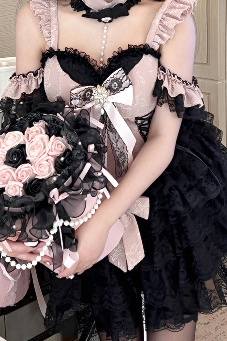 Black/Pink [Blackberry Lover] Multi-Layered Lace Sweet Princess Lolita Skirt Set