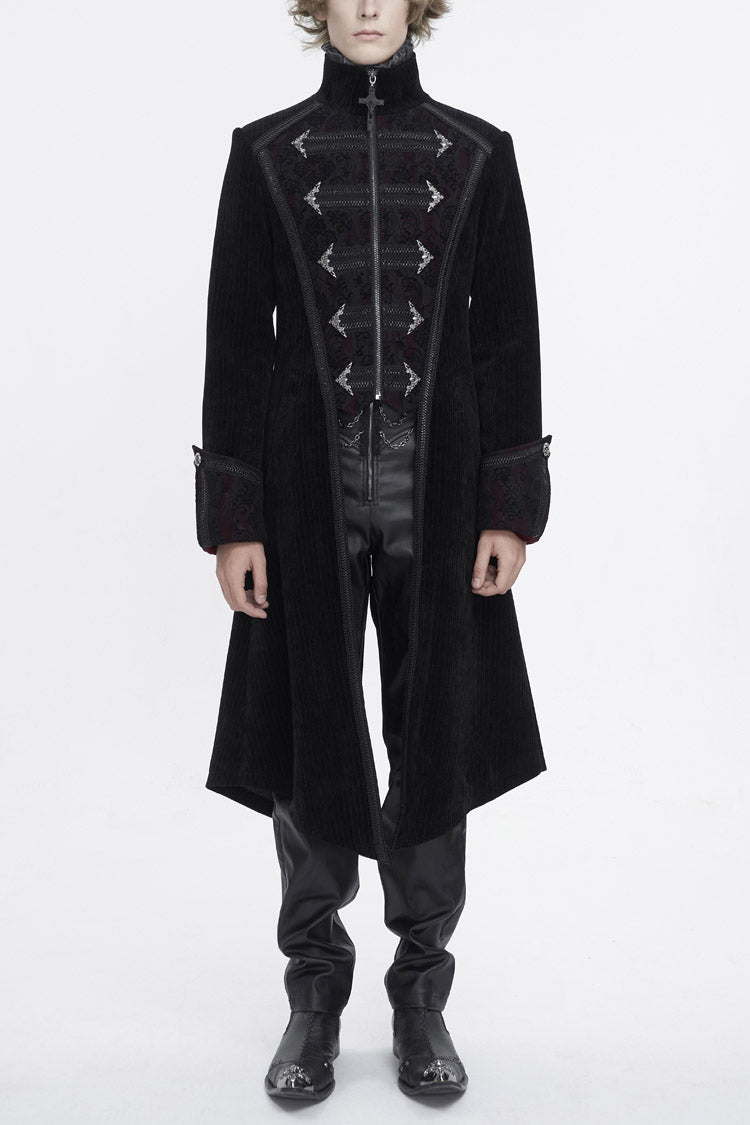 Black Stand Collar Long Sleeves Embroidery Slim Men's Gothic Coat