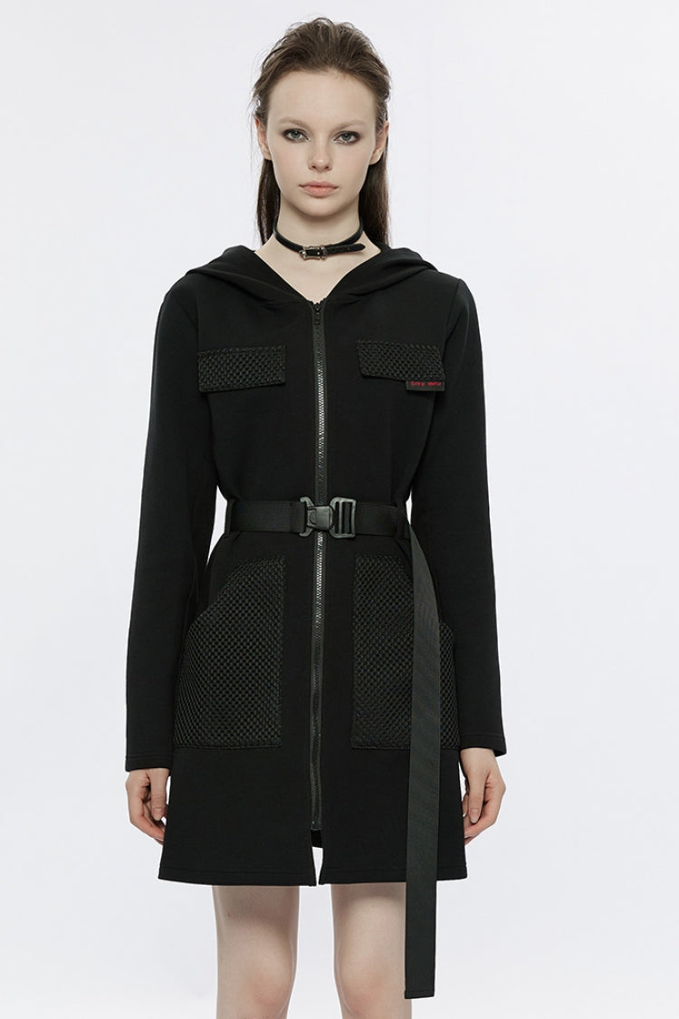 Black Long Sleeves Buckle Belt Hooded Women's Punk Dress