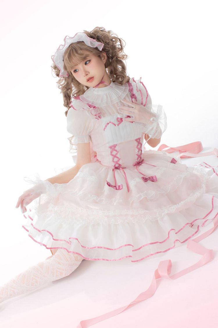 Pink Multi-layer Ruffle Bowknot Lace-Up Ballet Style Sweet Princess Lolita Tiered Dress