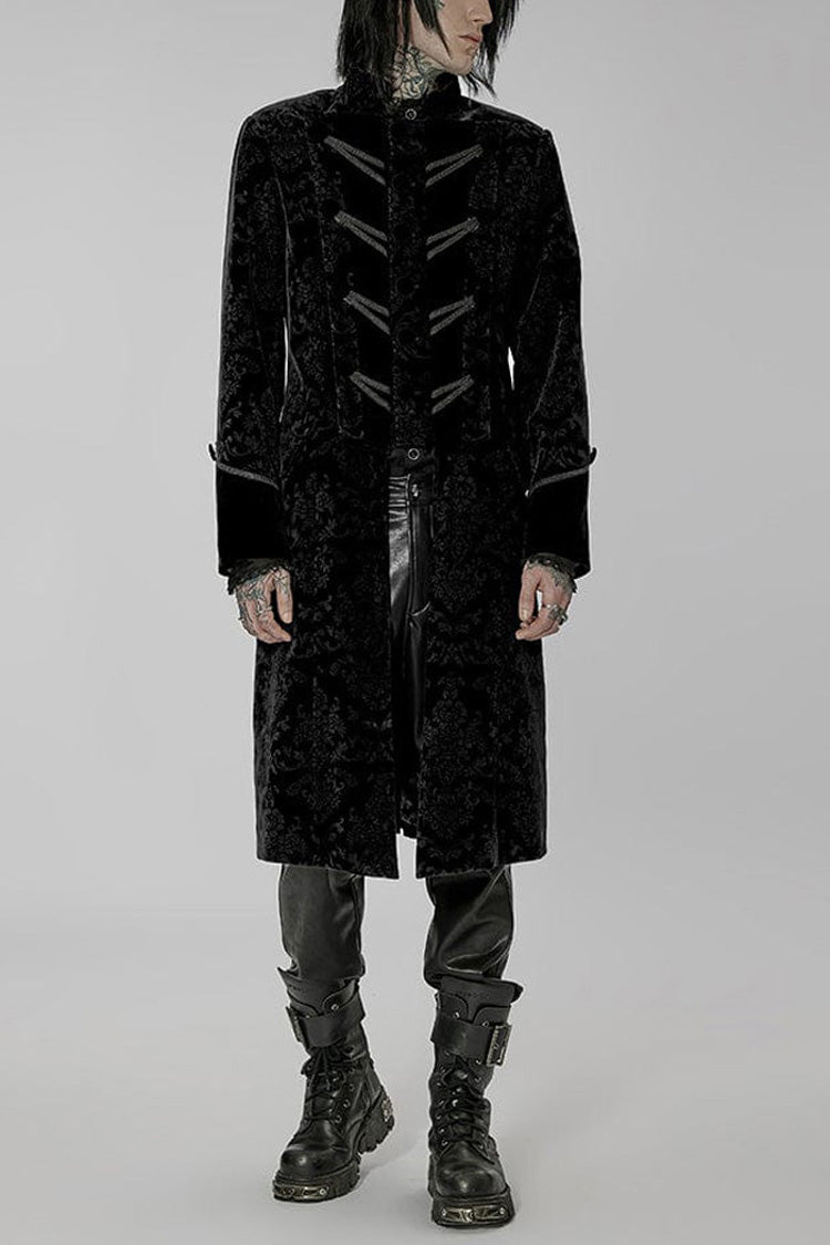 Black Punk Weft Velveteen Print Splicing Stand Collar Lacework Decorate Long Men's Coat