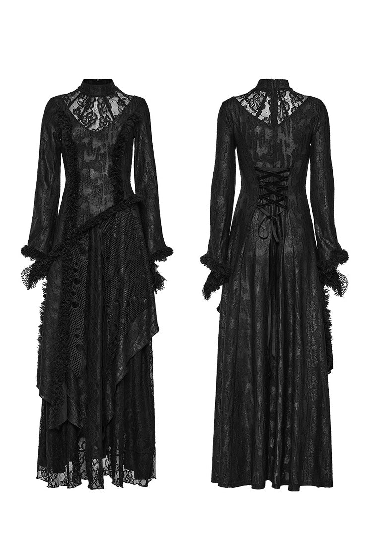 Black Long Trumpet Sleeves Hollow Stitching Lace Mesh Women's Gothic Dress