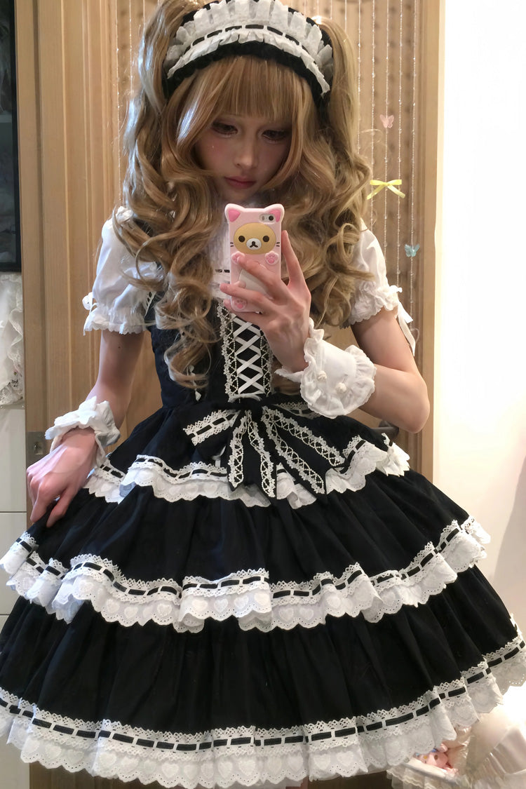 Black [Maiden Heart] Triple-Layered Ruffle Bowknot Lace Sweet Lolita Jsk Dress