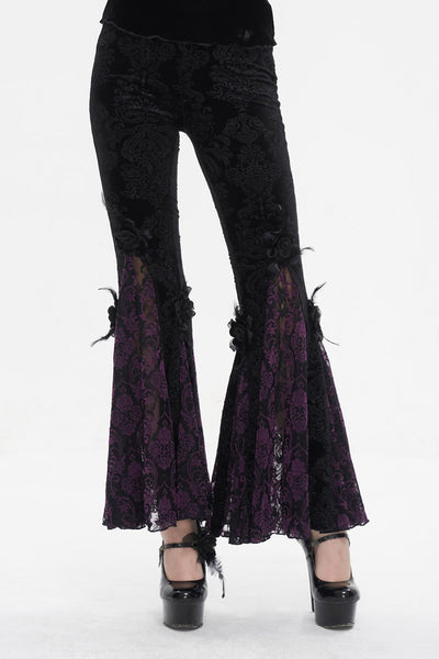 Women Gothic Black Velvet Flare Pants Sexy Hollow Out Lace Bell