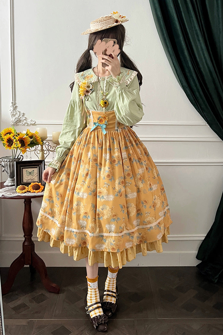 Yellow [Gardening Sunflower] Sleeveless Print Ruffle Bowknot Sweet Elegant Uplift Lolita Jsk Dress