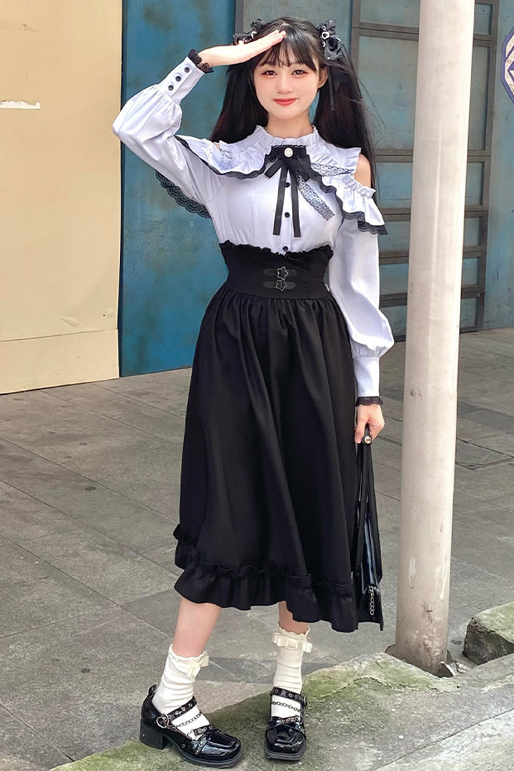 Black/Blue [Half a Star] Off Shoulder Long Sleeves Ruffle Jirai Kei Skirt Set