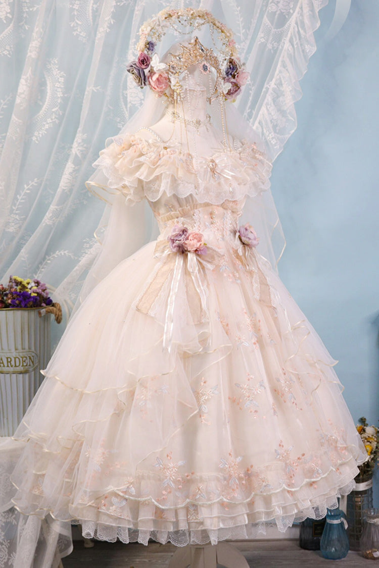 Ivory [Flora] Multi-Layered Ruffle Hanayome Embroidery Bowknot Sweet Lolita Jsk Dress