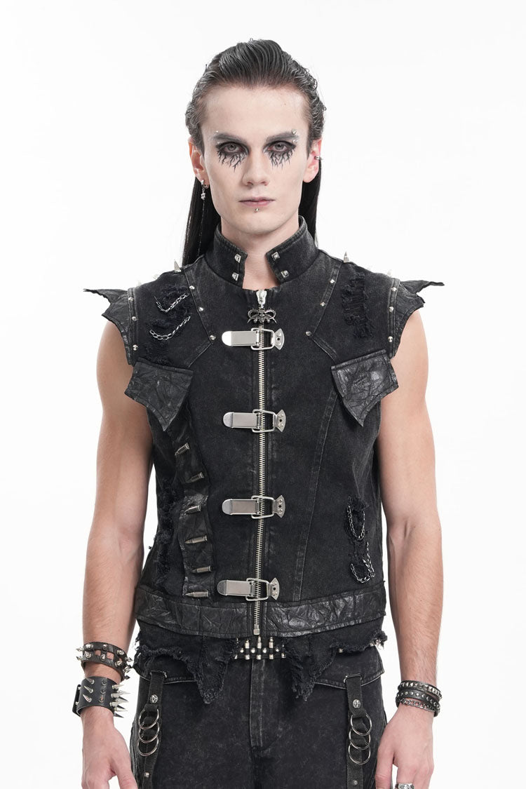 Black Stand Collar Sleeveless Rivets Chain Rings Men's Gothic Vest