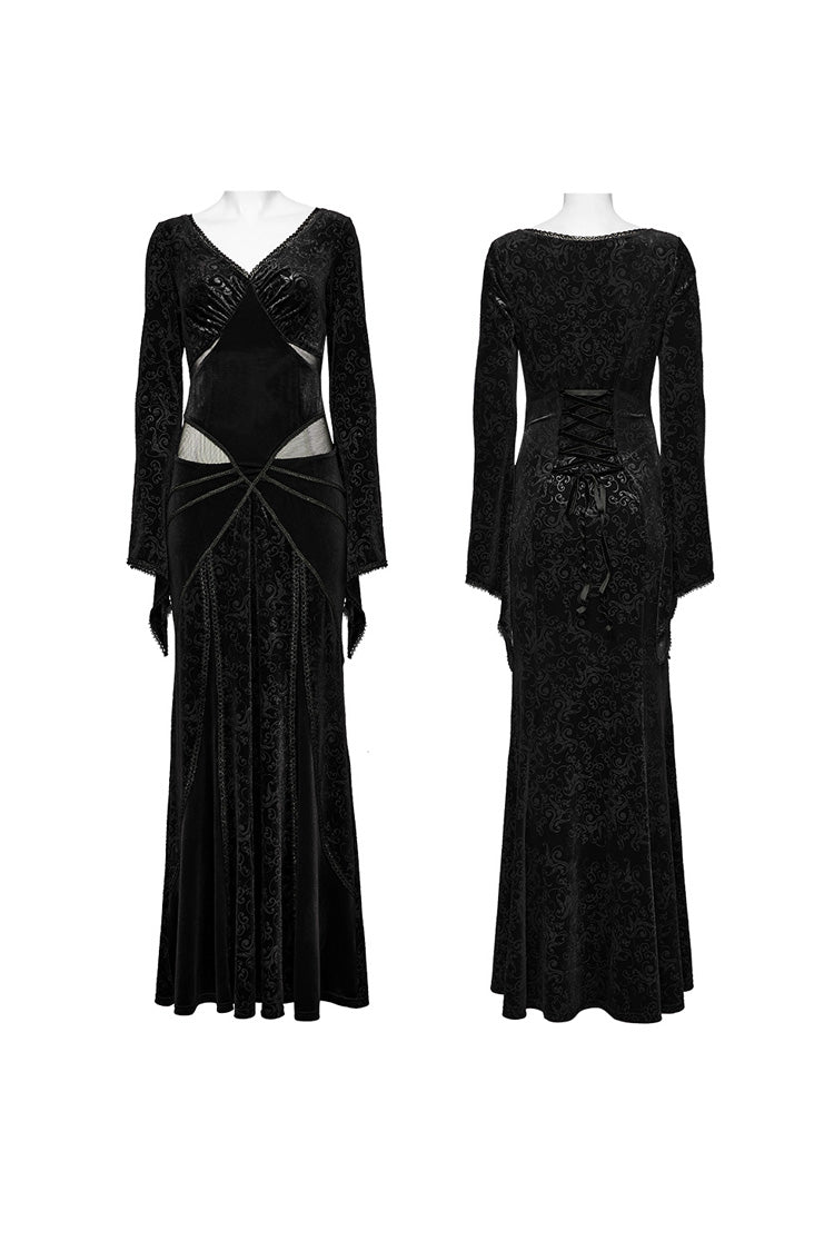 Black V Collar Long Sleeves Hollow Embroidery Lace-Up Women's Gothic Dress