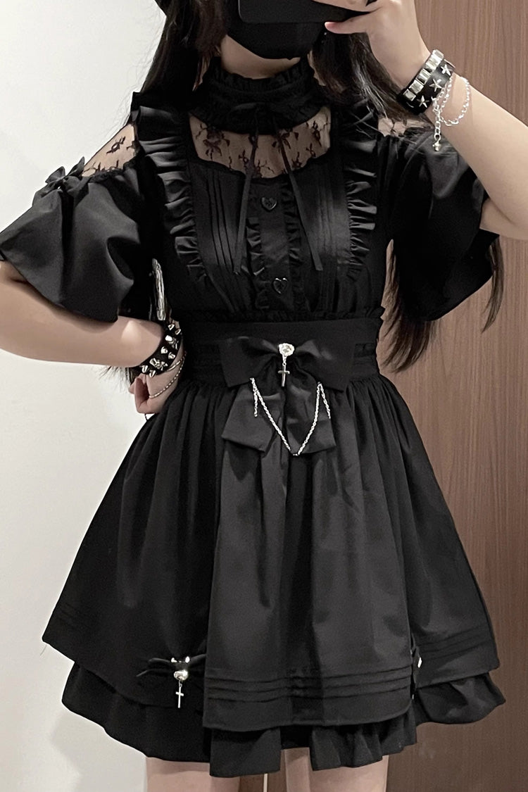 Magical Girl Short Sleeves Ruffle Embroidery Bowknot Lace Sweet Jirai Kei Lolita Set 4 Colors
