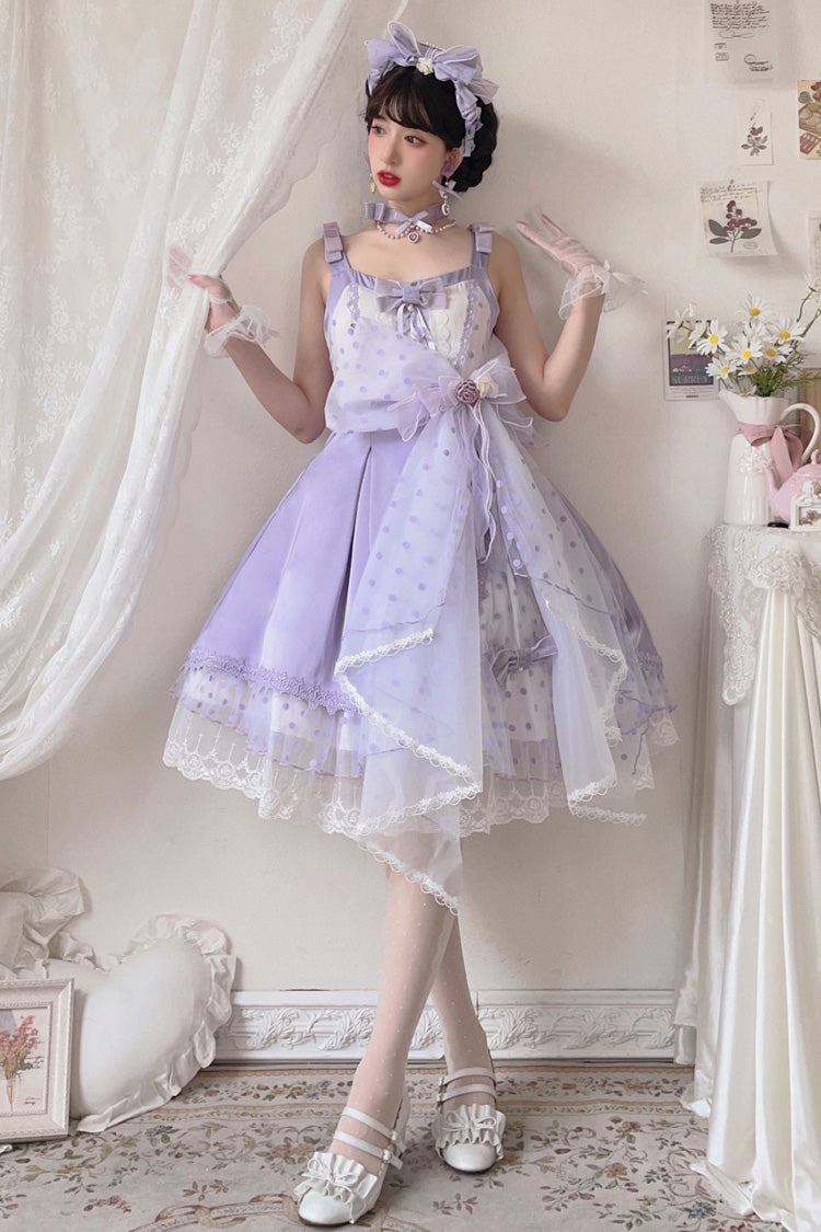 Purple [Polka Waltz] Sleeveless Print Bowknot Stitching Lace Sweet Lolita Jsk Dress