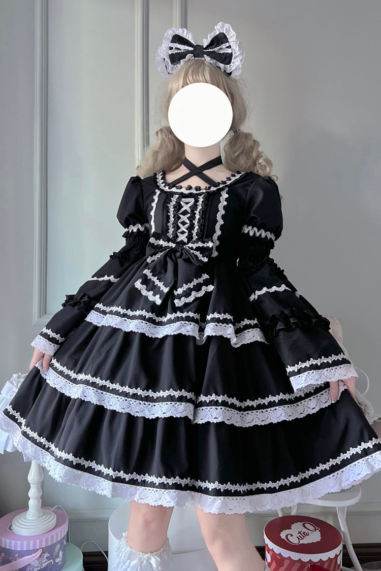 Schwarzes dreilagiges Gothic Lolita Kleid mit abnehmbaren Ärmeln und Schleife zum Schnüren