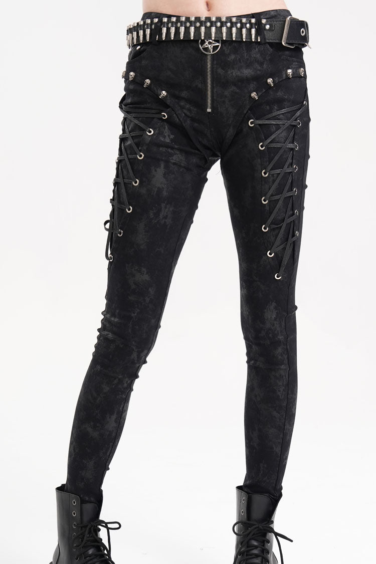 Black Skull Rivets Lace-Up Women's Punk Pants