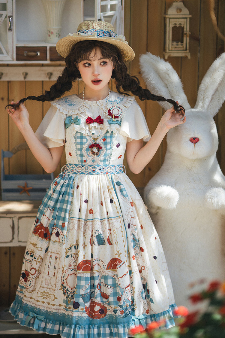 Blue/Green [Tea Party] Print Ruffle Bowknot Lace Sweet Elegant Lolita Jsk Dress