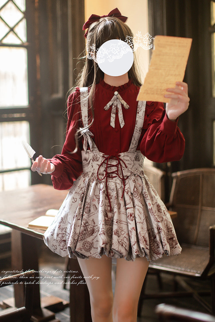 Grey [Elise] Print Ruffle Lace-Up Sweet Lolita Skirt