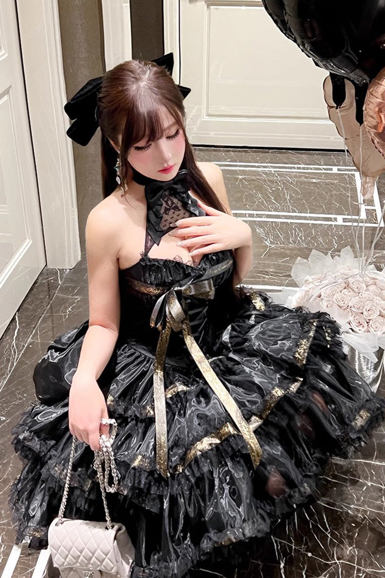 Black [First Kiss] Halterneck Triple-Layered Ruffle Lace Hot Stamping Gothic Princess Lolita Dress