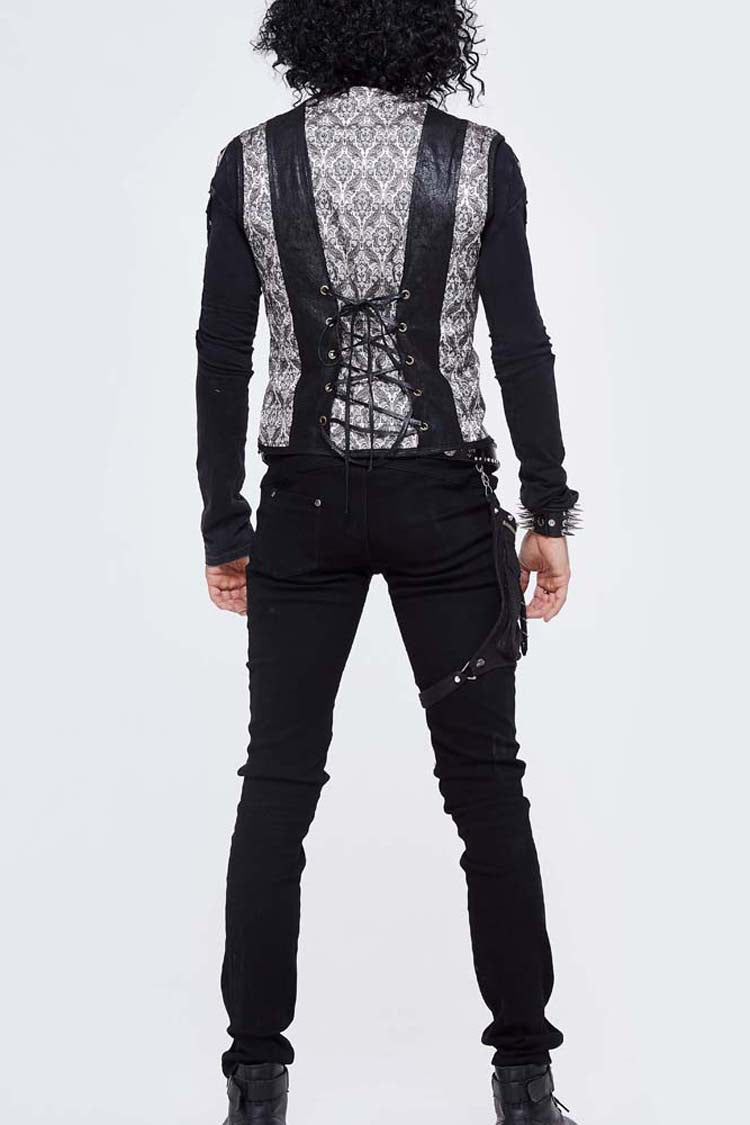 Silver Back Lace Up Jacquard Splice Chest Loop Men's Punk Waistcoat